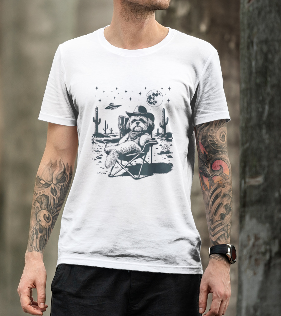 Shih Tzu Cowboys UFO Western Desert Scene Cactus Moon Stars T-Shirt