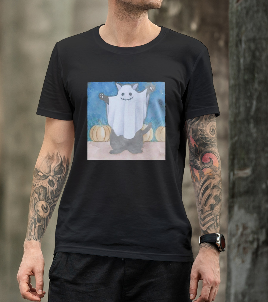 Spooky Black Cat In Ghost Costume With Pumpkins Halloween T-Shirt