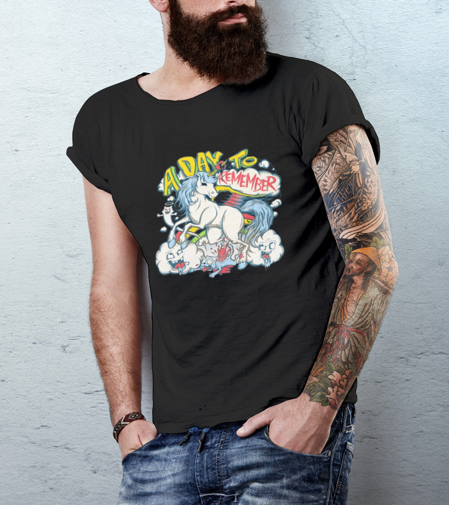 A Day To Remember Unicorn With Colorful Clouds And Characters T-Shirt