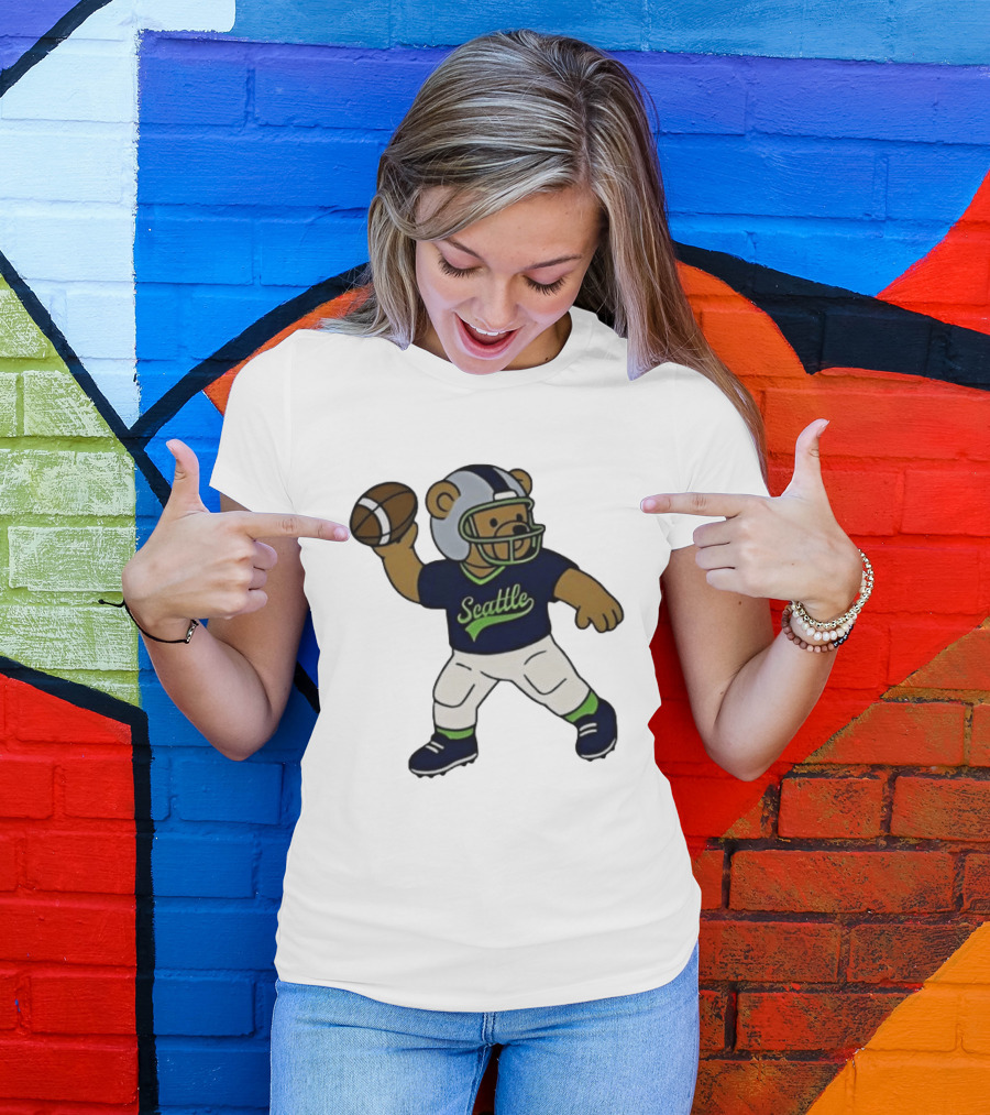 Teddy Bear Football Player Throwing Ball Seattle T-Shirt