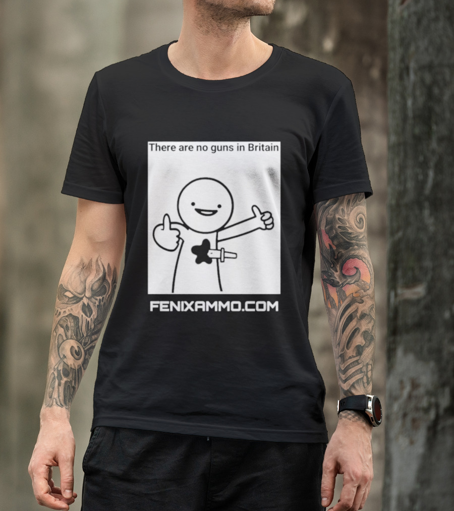 There Are No Guns In Britain Fenixammo Com Happy Character With Gun Hand Gesture T-Shirt