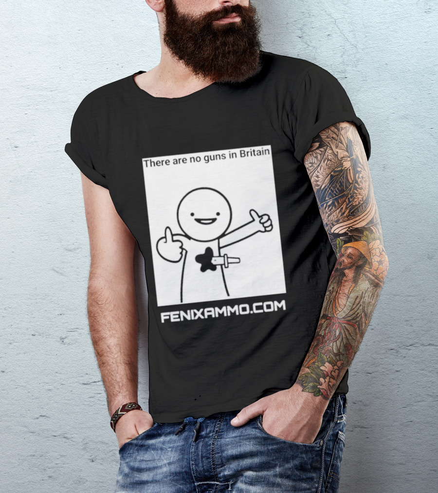 There Are No Guns In Britain Fenixammo Com Happy Character With Gun Hand Gesture T-Shirt