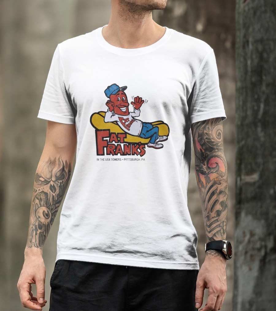 Fat Frank's In The USX Towers Pittsburgh PA Hot Dogs Retro Cartoon T-Shirt
