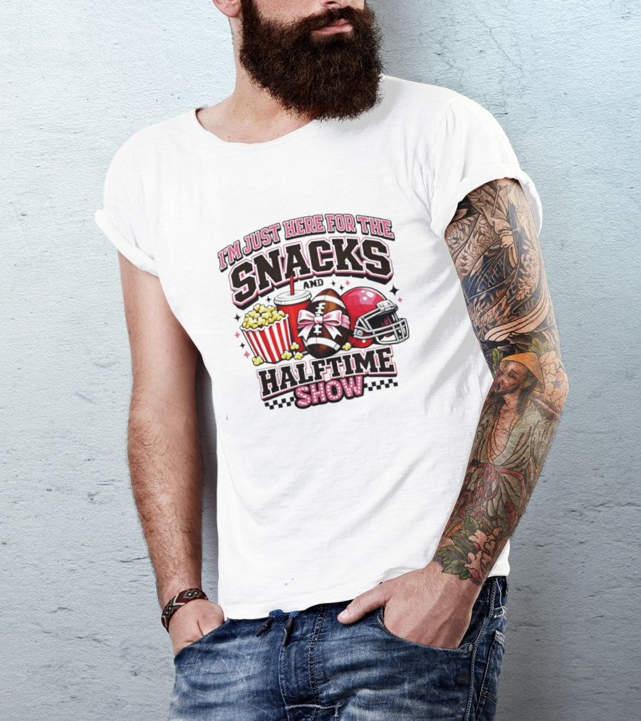 I'm Just Here For The Snacks And Halftime Show Football Popcorn Pink Coquette T-Shirt