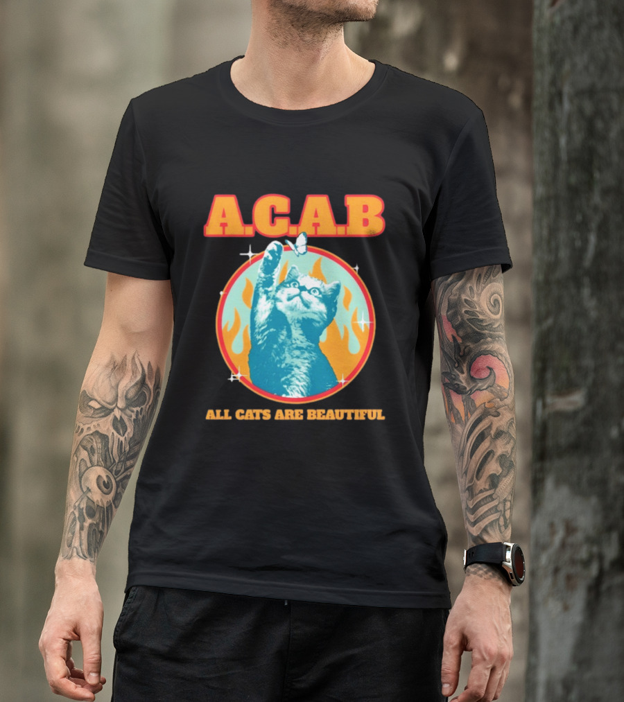 A.C.A.B Cat With Butterfly And Flames T-Shirt