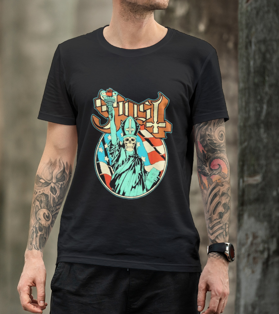 Ghost Statue Of Liberty Skeleton Torch Metal Band T-Shirt