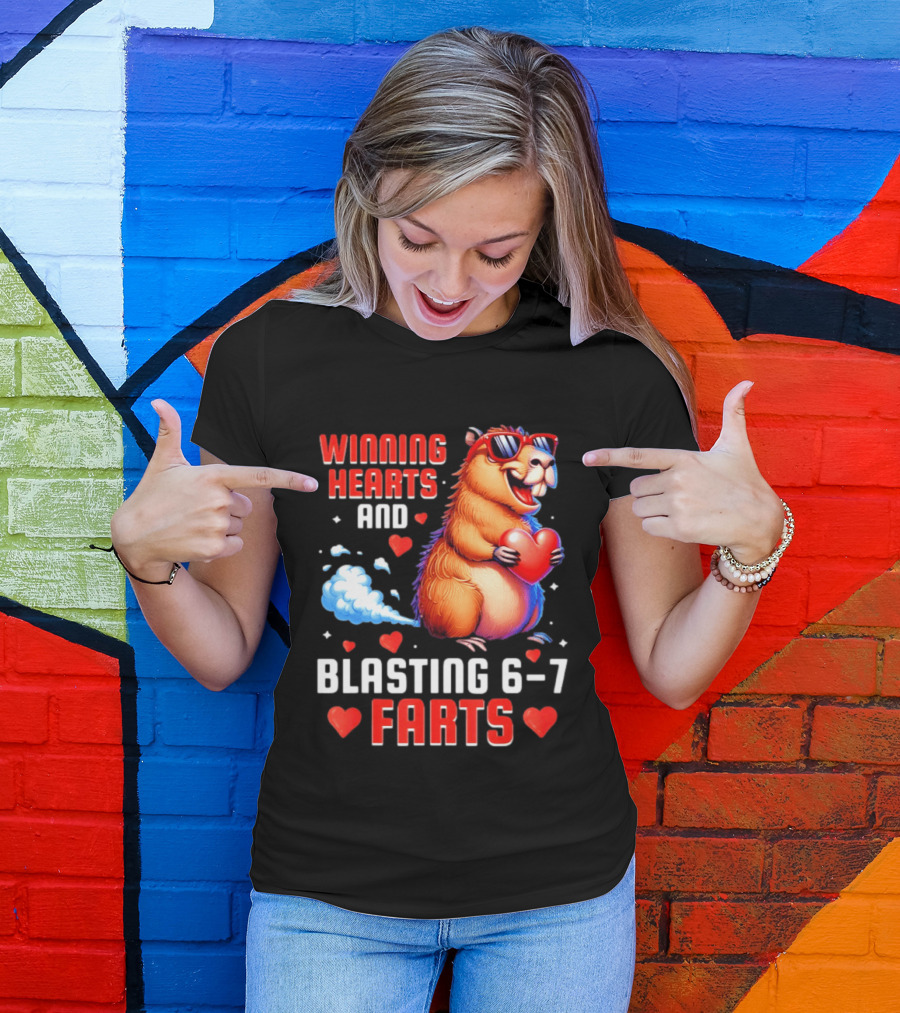 Winning Hearts And Blasting 6 7 Farts Capybara Valentine's Day T-Shirt