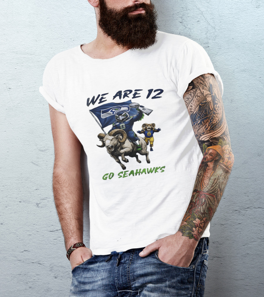 We Are 12 Go Seahawks Riding Goat With Seahawks Flag T-Shirt