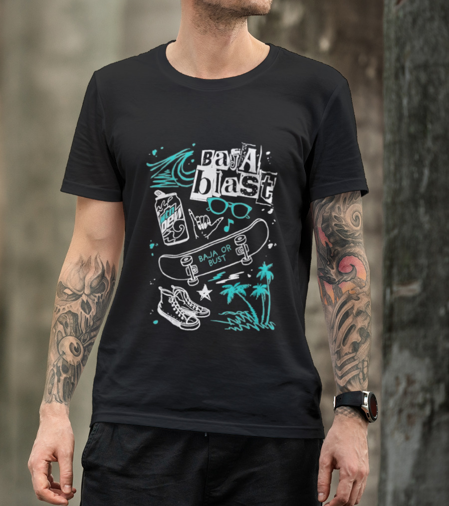 Mountain Dew Baja Blast Skateboard Surf Vibes Ocean Palms Adventure T-Shirt