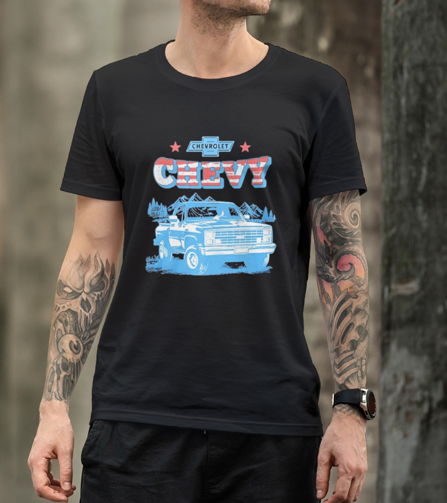 Chevy Chevrolet Truck Vintage Stars And Stripes Retro Mountain Scene T-Shirt