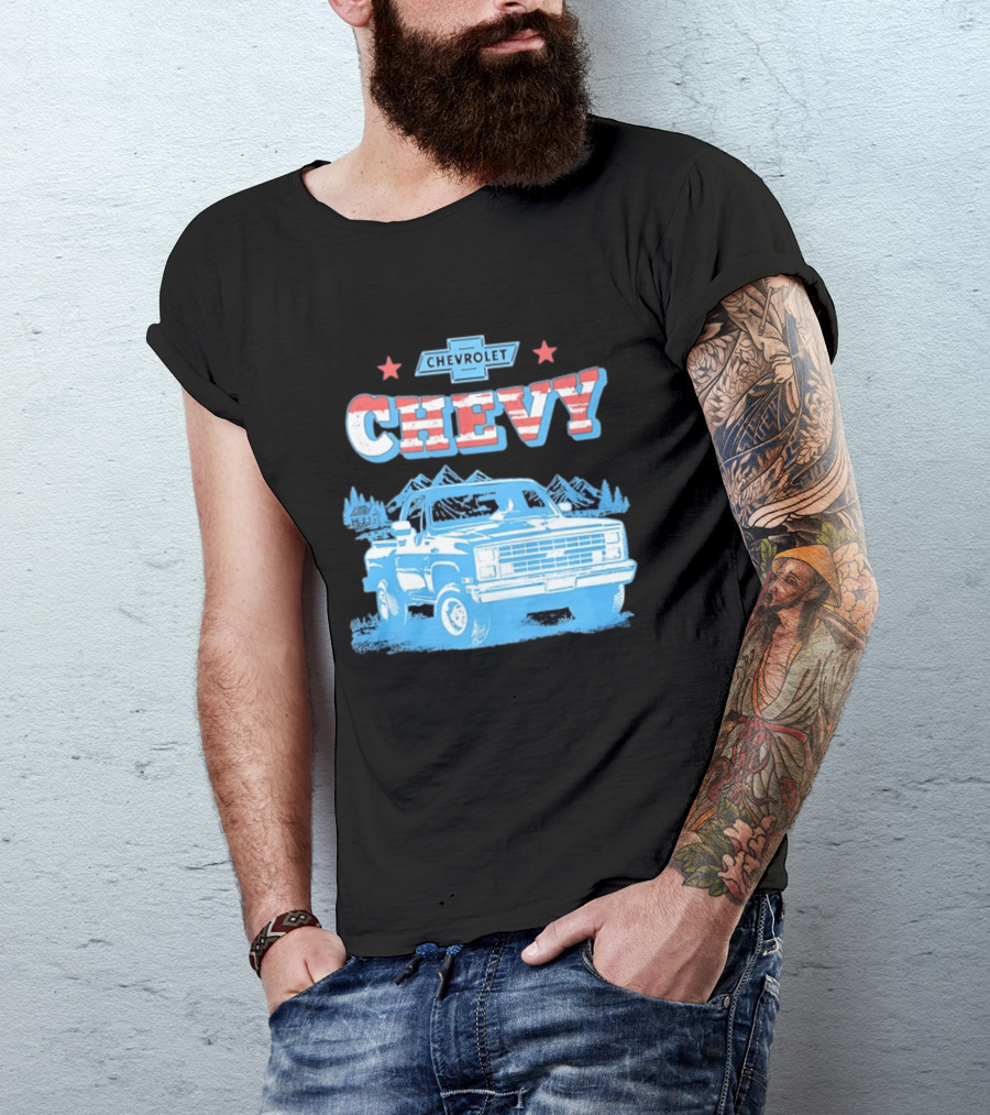 Chevy Chevrolet Truck Vintage Stars And Stripes Retro Mountain Scene T-Shirt