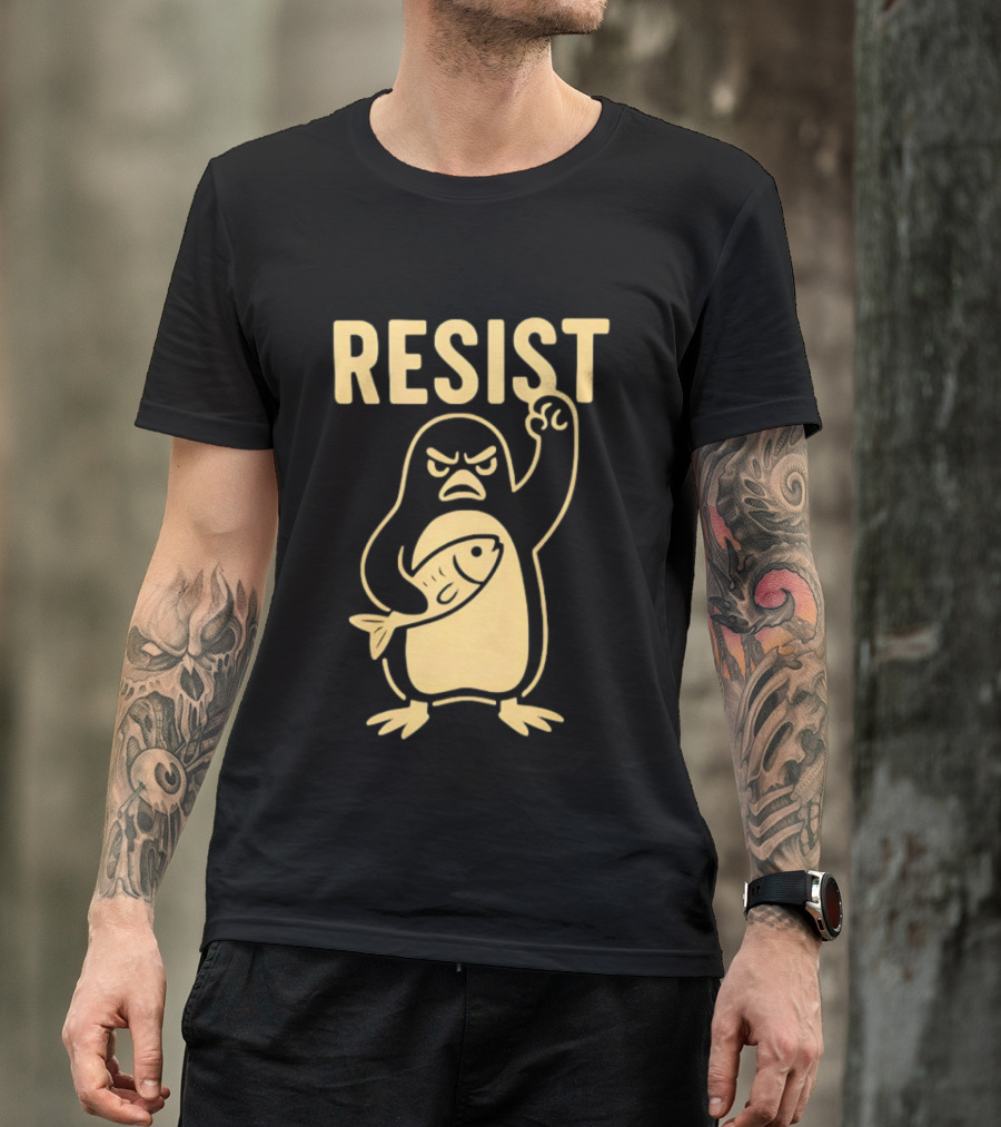 RESIST Angry Penguin Holding Fish T-Shirt