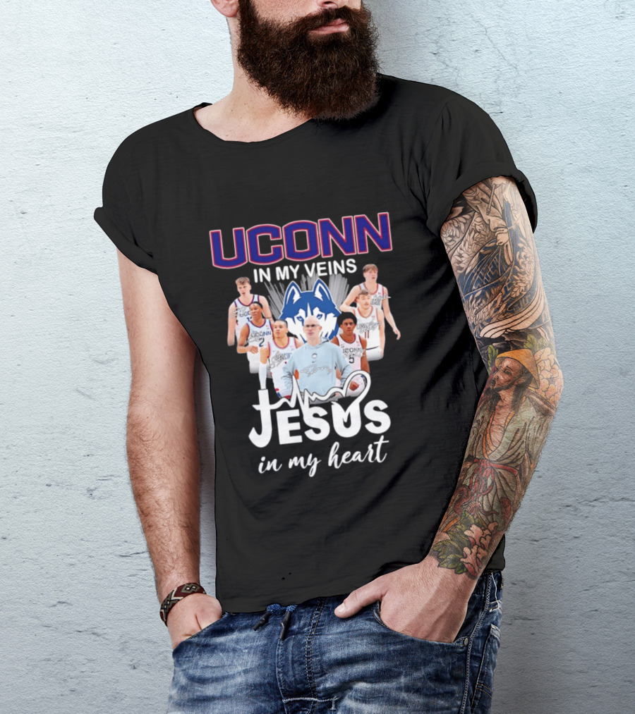 UConn Huskies Coach Dan Hurley Players Jesus In My Heart In My Veins T-Shirt