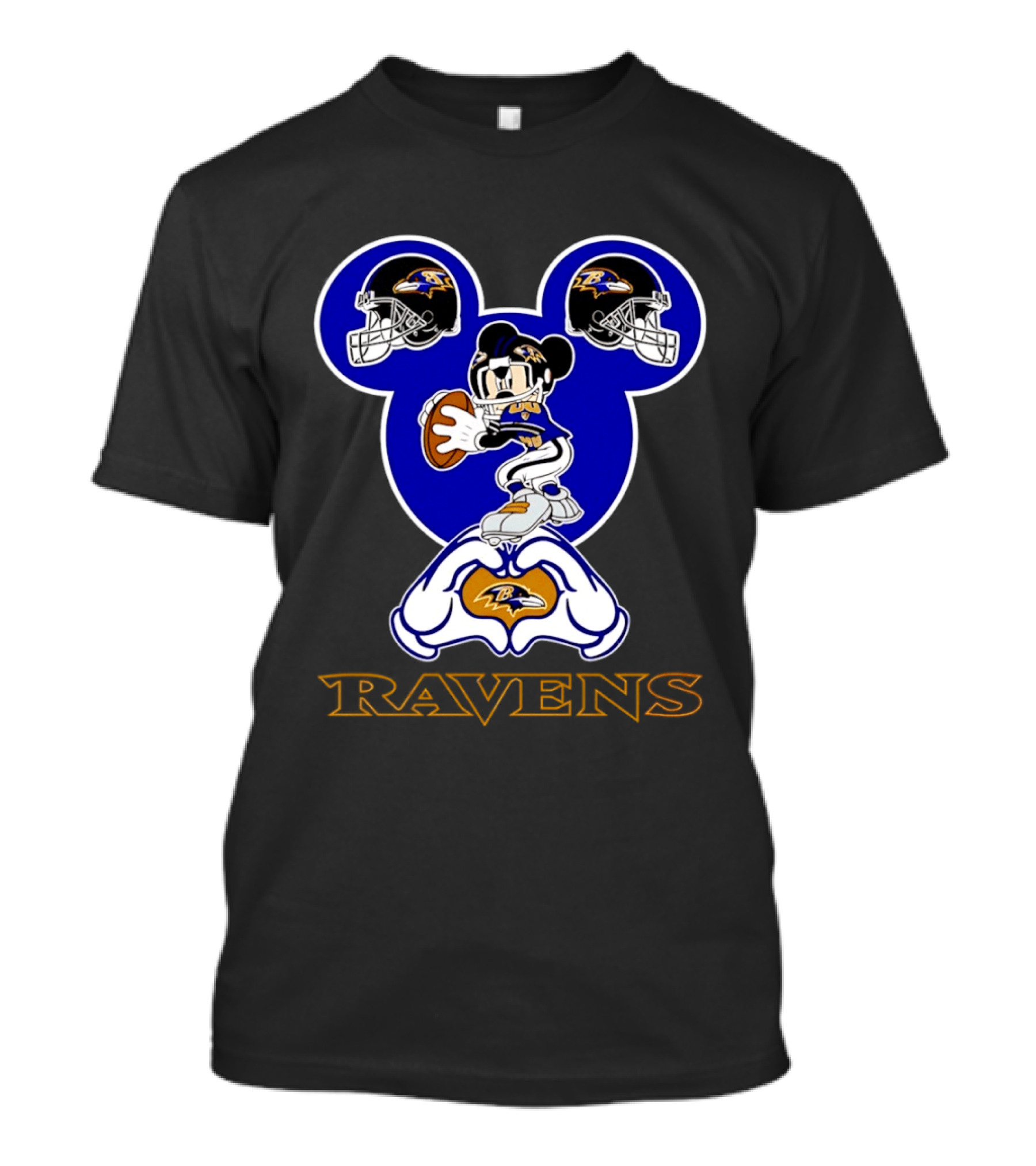 Baltimore Ravens Mickey Mouse Heart Hands Football Helmets T-Shirt