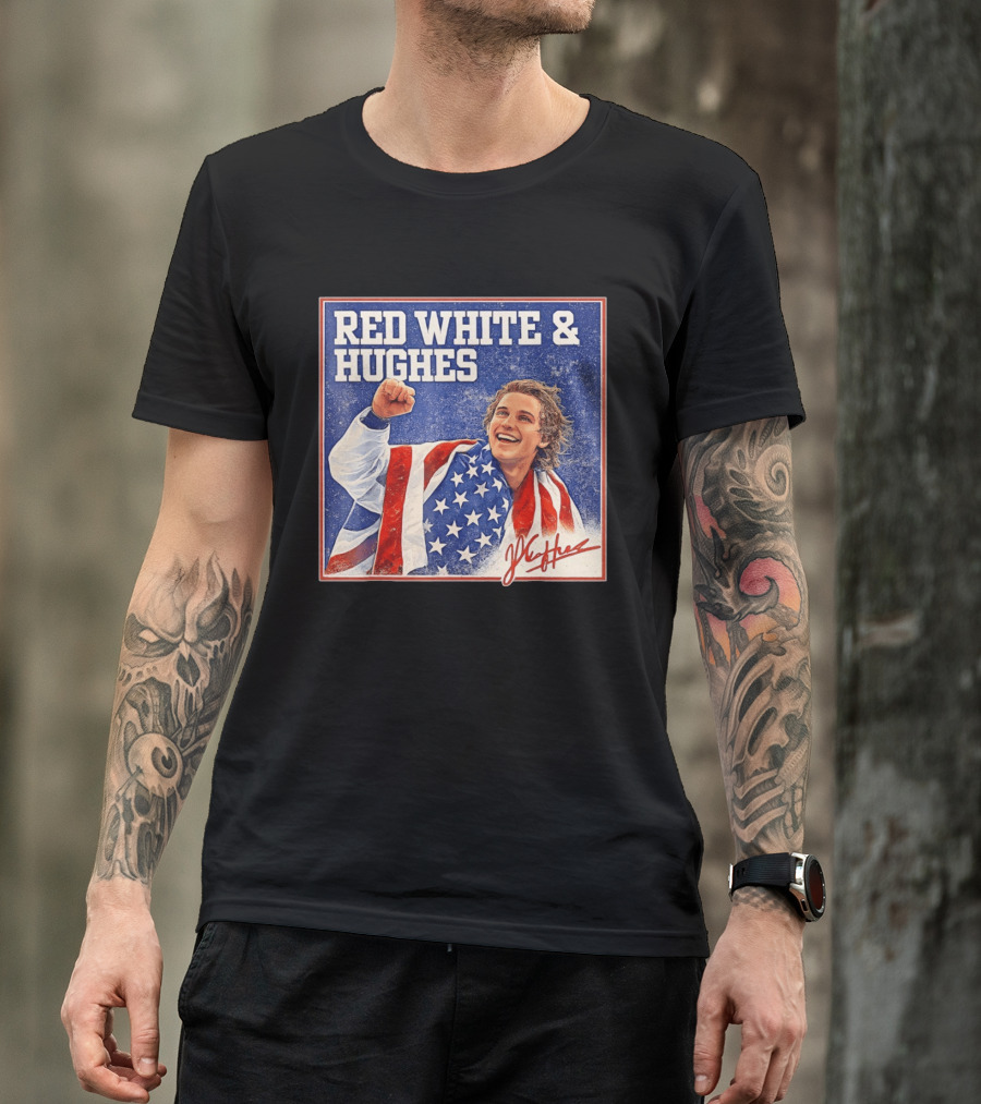 Red White & Hughes USA Jack Hughes Signature Fist Pump Celebration T-Shirt