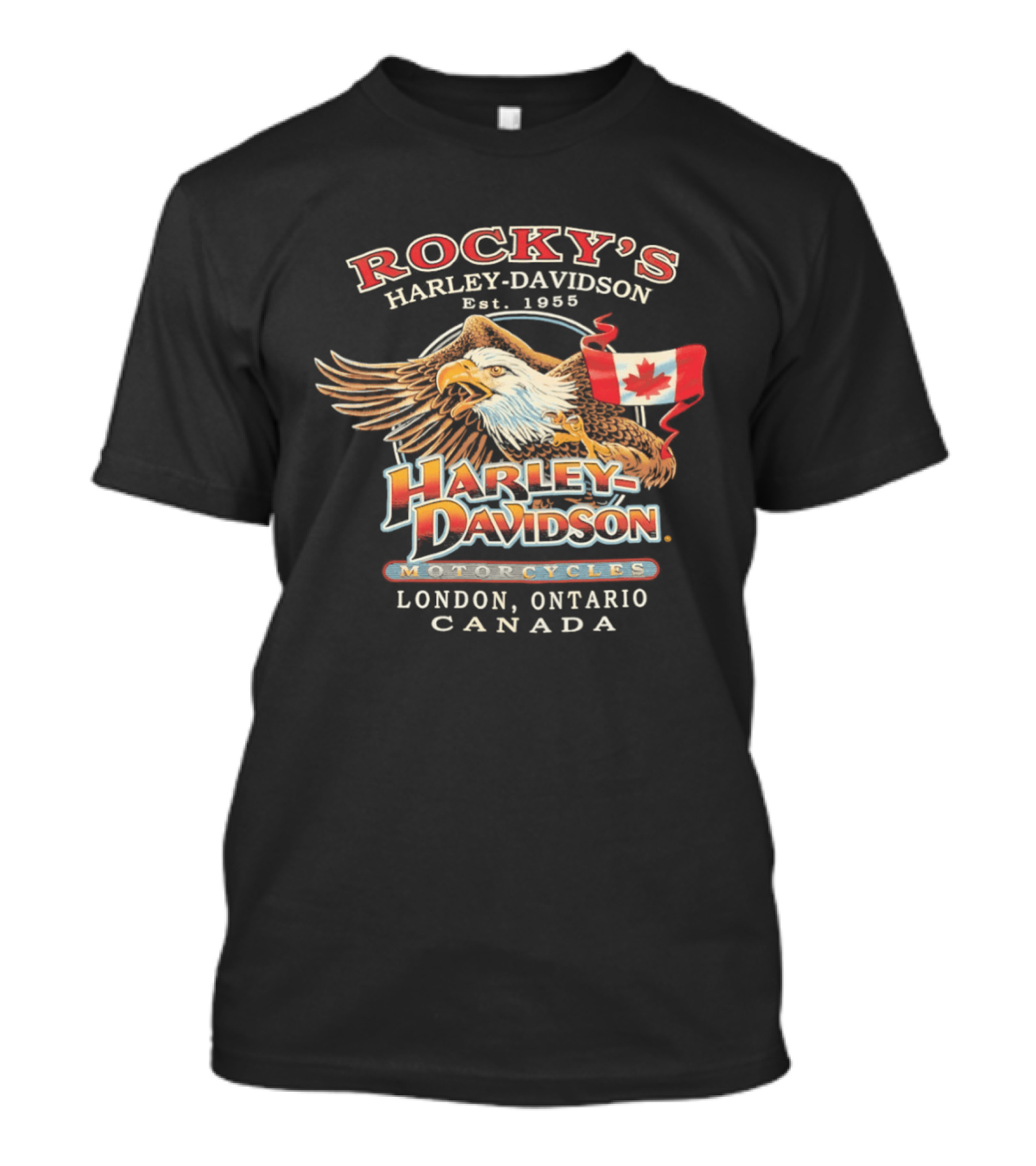 Rocky's Harley Davidson Motorcycles Est 1955 Eagle Canadian Flag London Ontario Canada T-Shirt