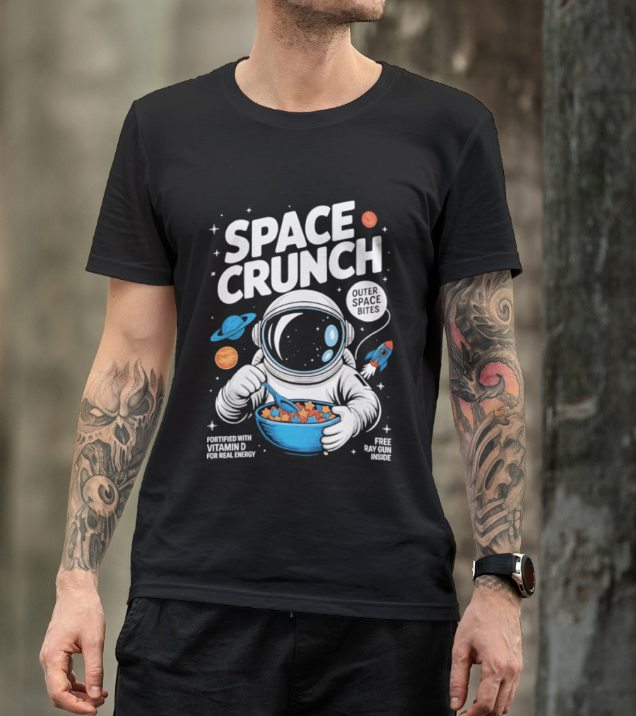 Space Crunch Outer Space Bites Astronaut Eating Cereal Planets Rockets T-Shirt