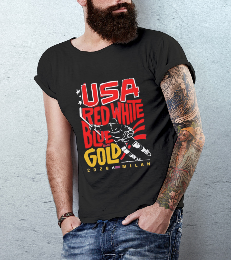 USA Hockey Red White Blue Gold 2026 Milan Sports Event T-Shirt