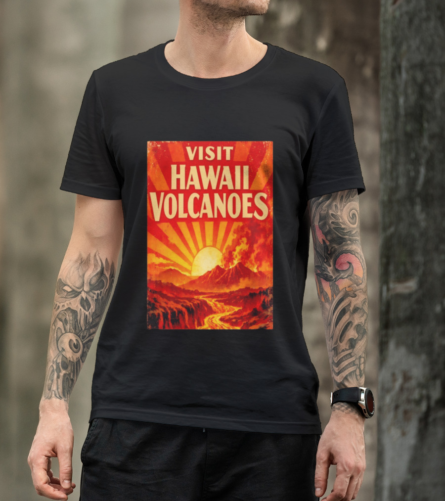 Visit Hawaii Volcanoes Vintage Travel With Erupting Mountain And Sunset Rays T-Shirt