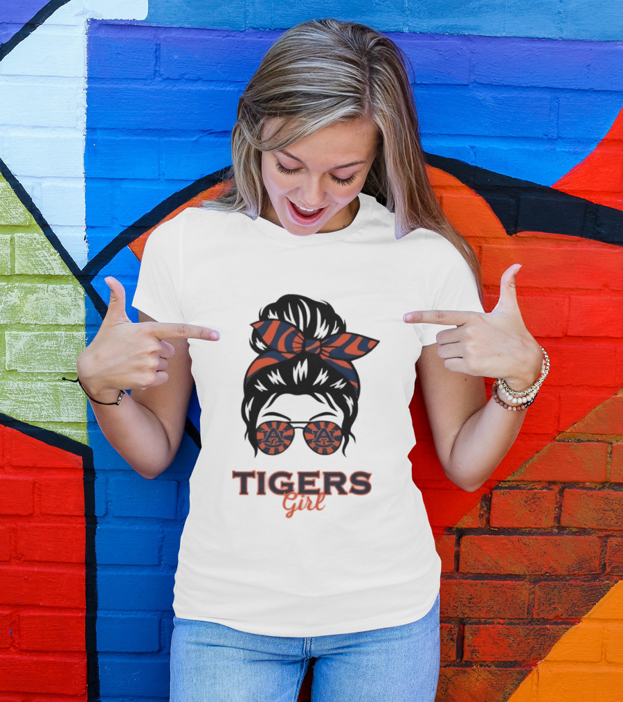 Auburn Tigers Girl Messy Bun Glasses Bow T-Shirt
