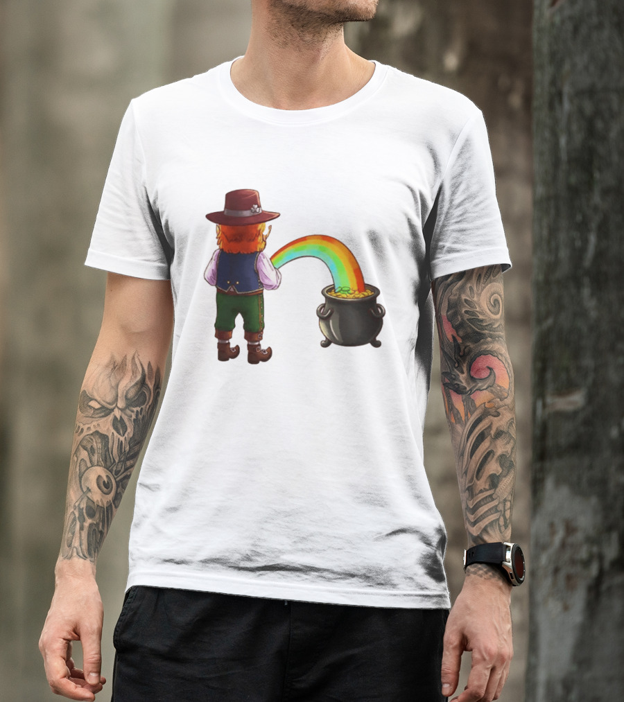 St Patricks Day Leprechaun Pissing Rainbow Into Pot Of Gold Meme T-Shirt