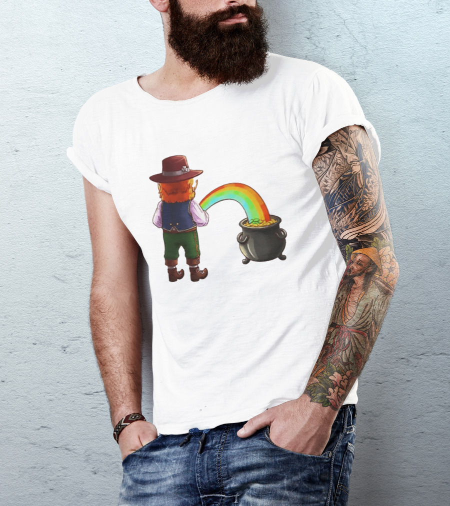St Patricks Day Leprechaun Pissing Rainbow Into Pot Of Gold Meme T-Shirt