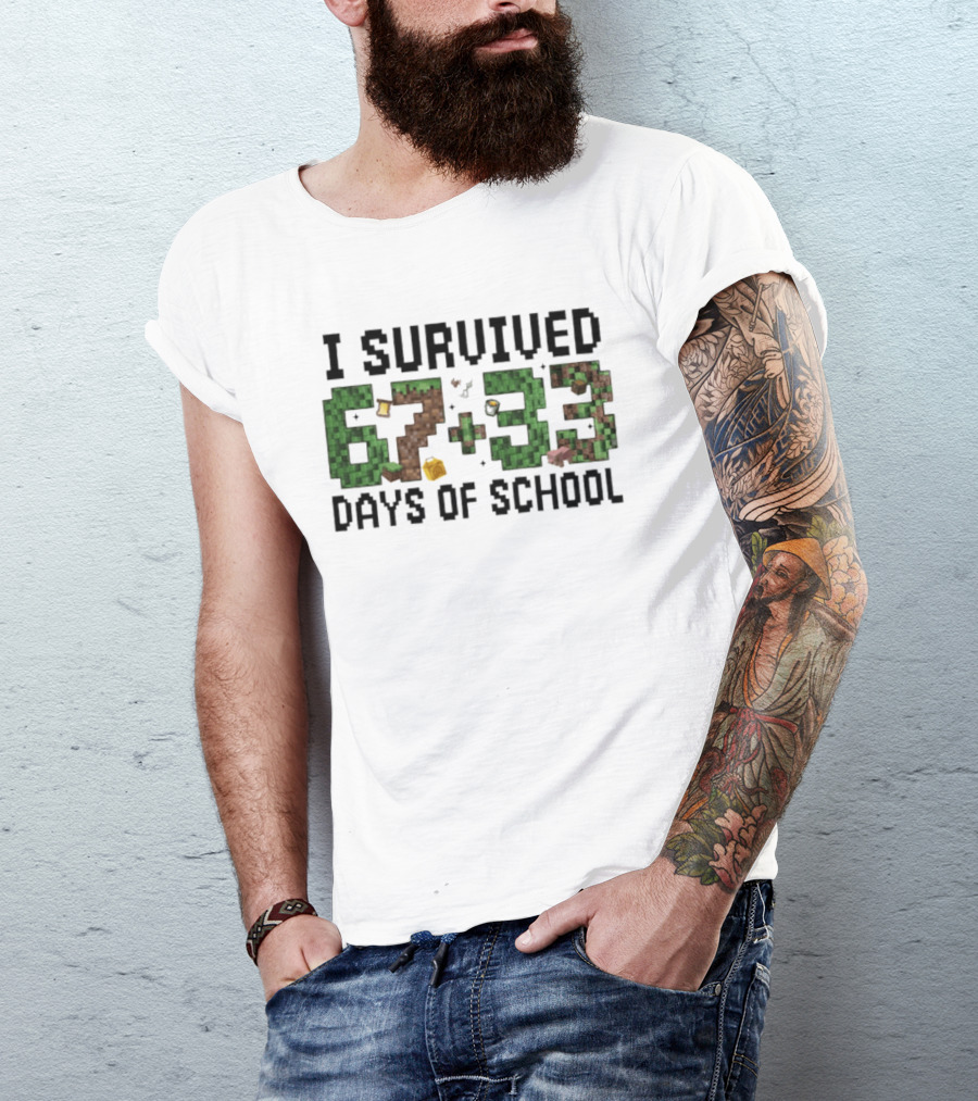 I Survived 67 Plus 33 Days Of School Minecraft Style Blocks T-Shirt