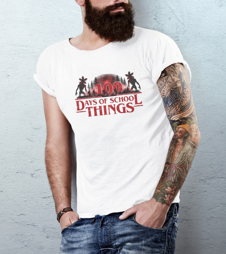 100 Days Of School Things Stranger Things Biking Adventure With Demogorgon T-Shirt