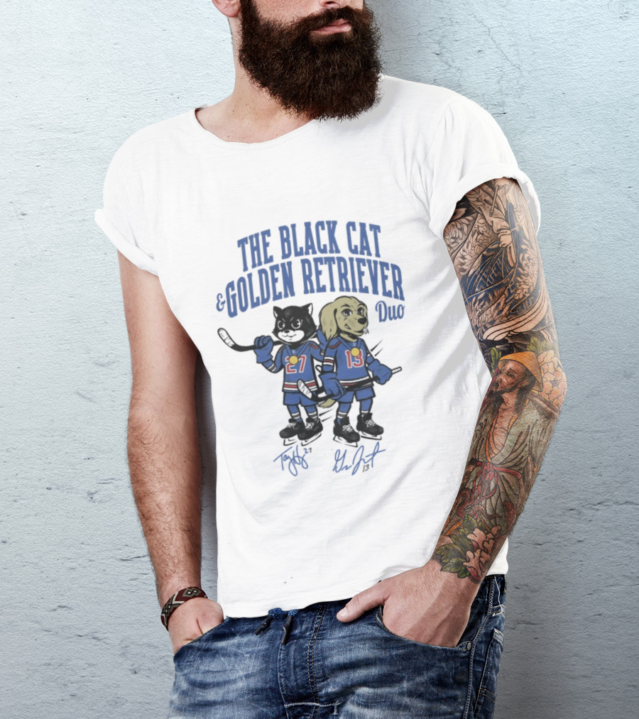 The Black Cat And Golden Retriever Duo Hockey Team 27 13 T-Shirt