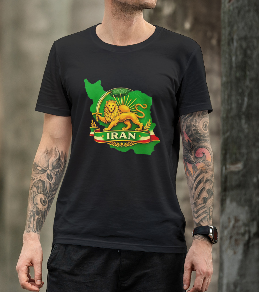 Iran Lion And Sun Emblem On Map Of Iran With National T-Shirt