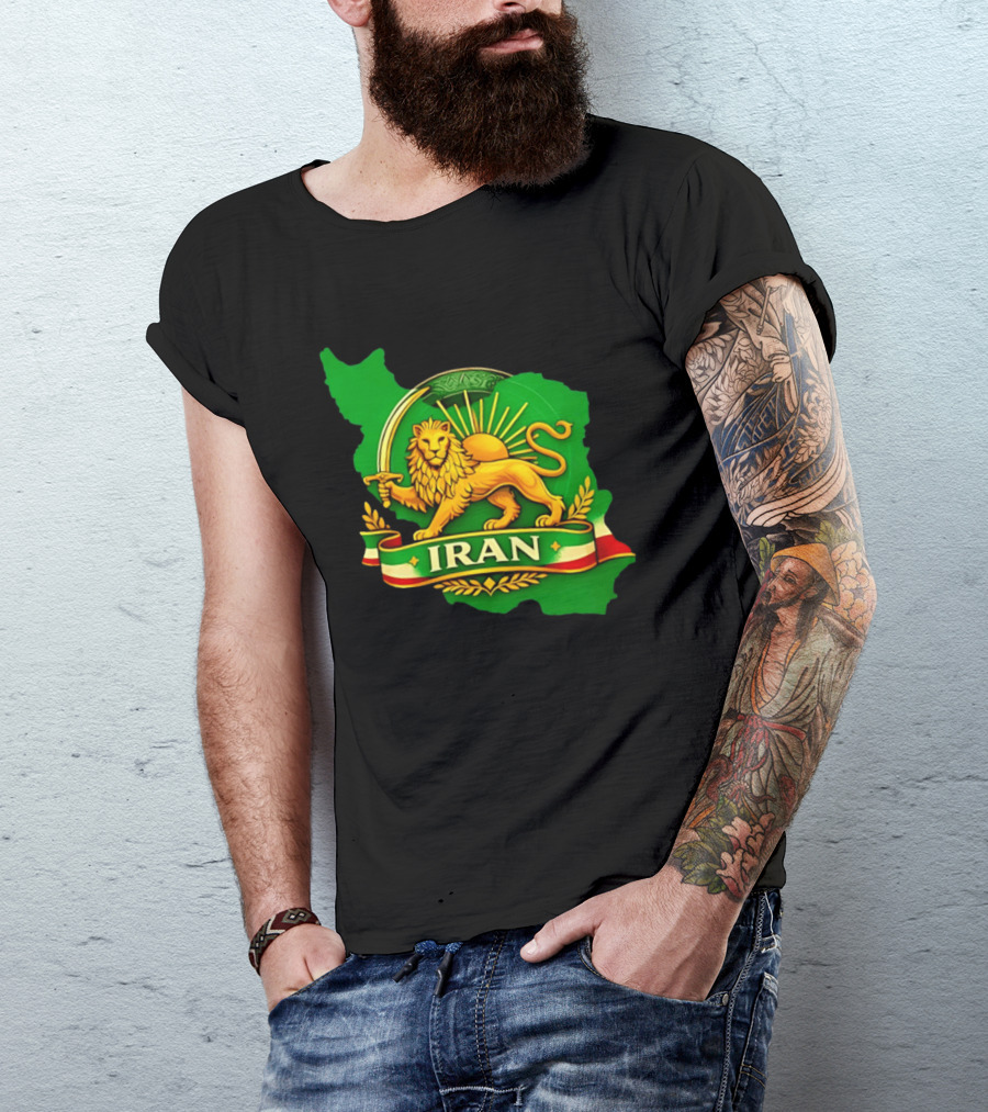Iran Lion And Sun Emblem On Map Of Iran With National T-Shirt