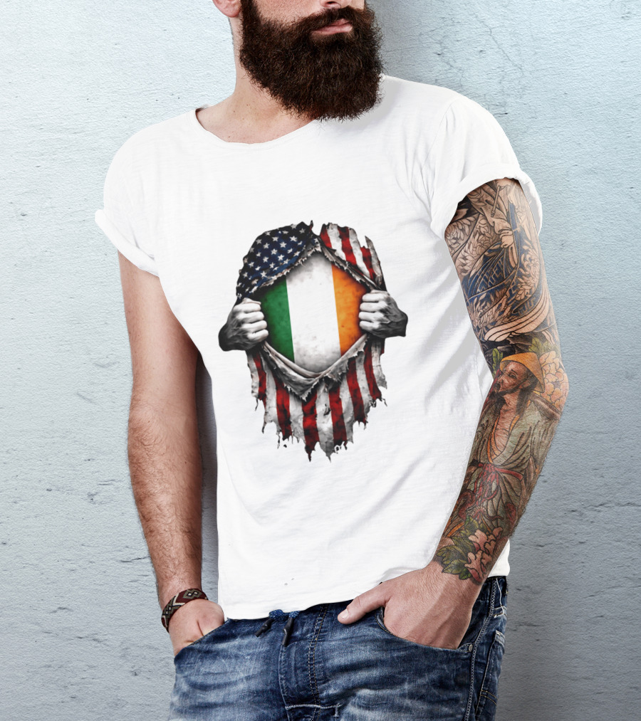Irish Inside American Flag Tear With Ireland Flag T-Shirt