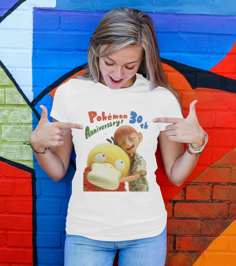 Pokémon 30th Anniversary Pokémon Concierge Psyduck Hugging Celebration T-Shirt