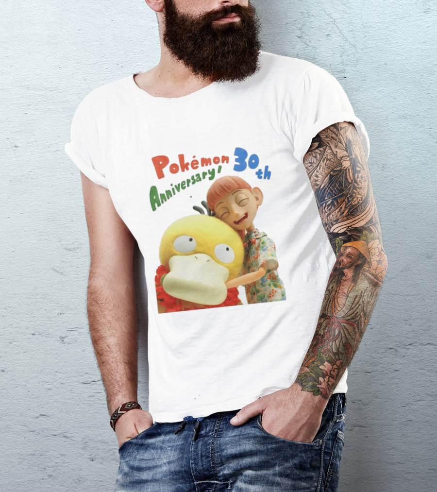 Pokémon 30th Anniversary Pokémon Concierge Psyduck Hugging Celebration T-Shirt