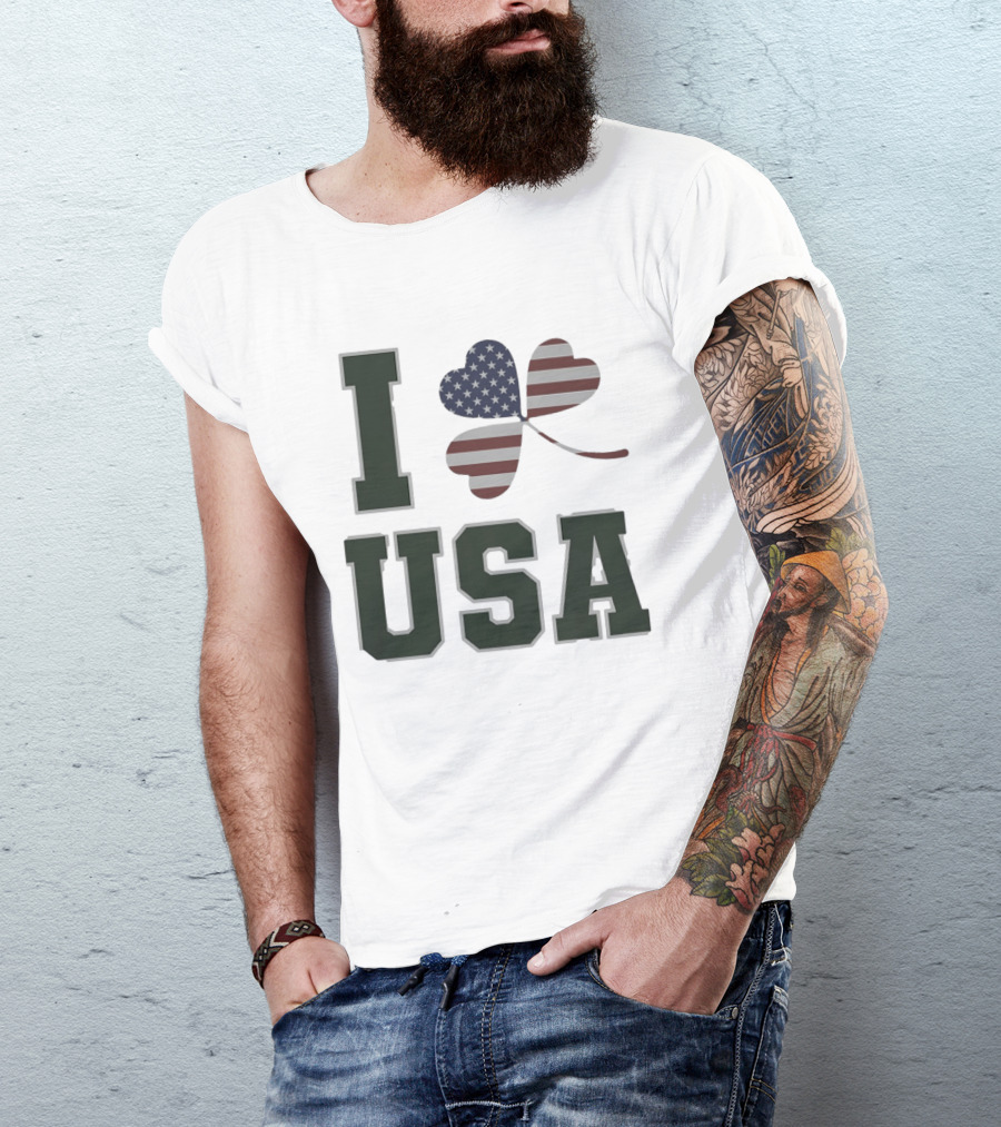 I Love USA St Patrick's Day Shamrock American Flag Heart T-Shirt