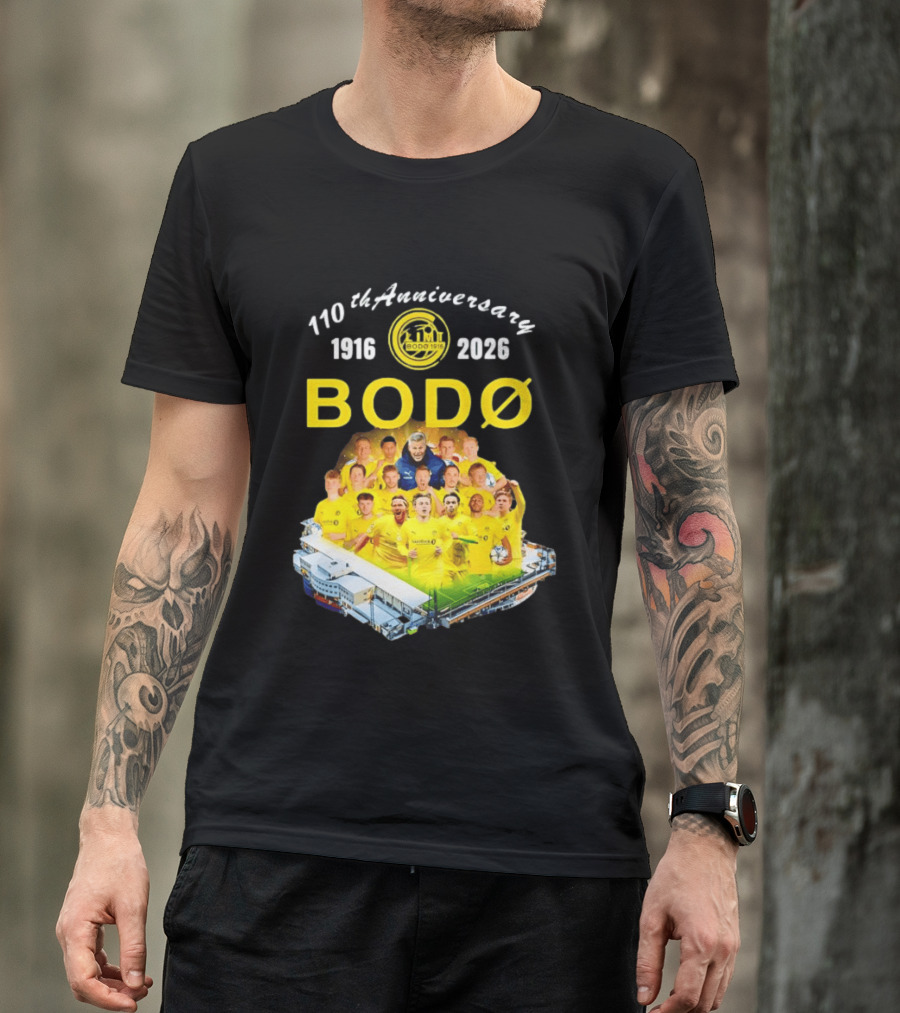 Bodø Glimt 110th Anniversary 1916 2026 Aspmyra Stadion Collage Featuring Players And Signatures T-Shirt