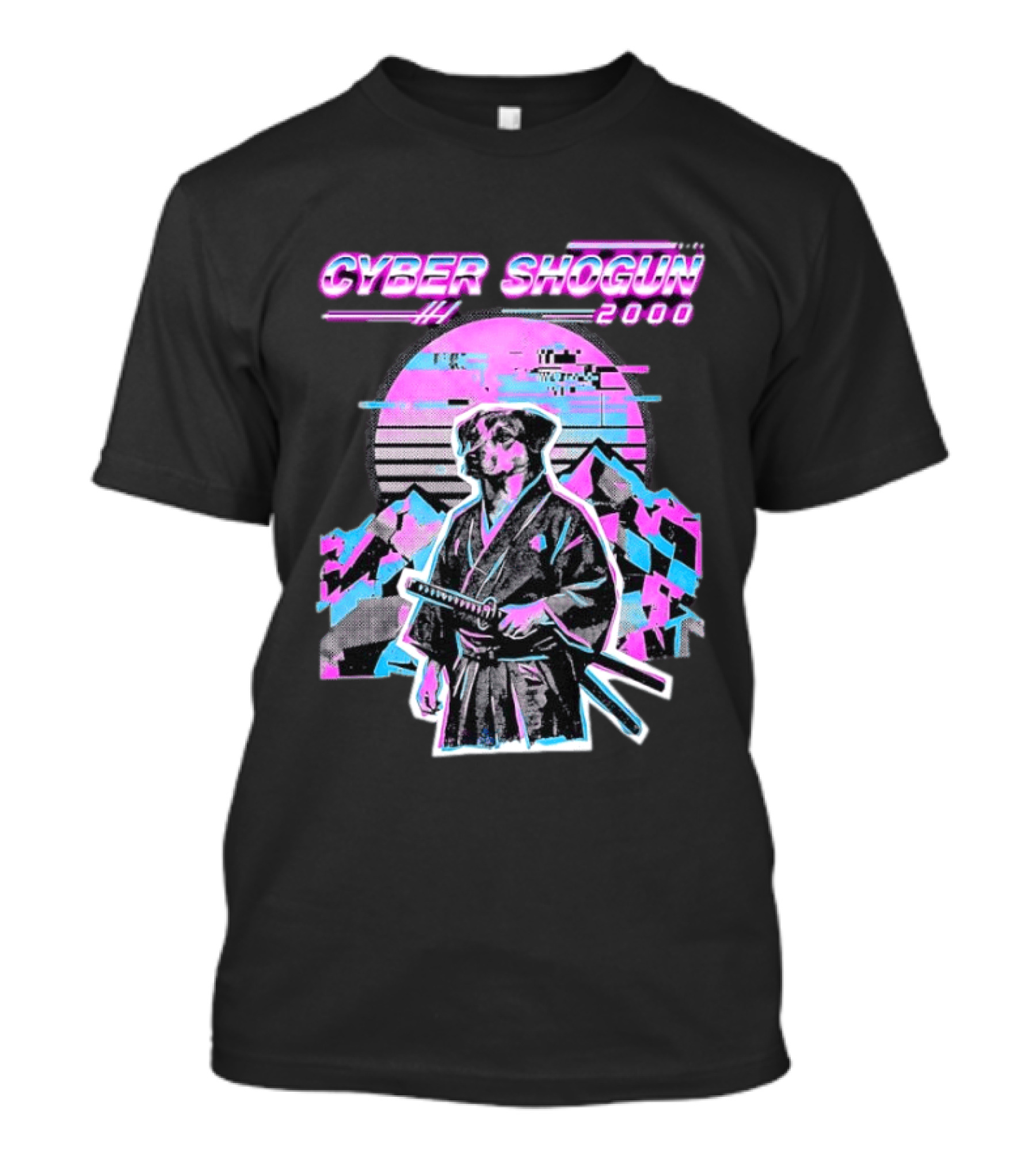 Cyber Shogun 2000 Samurai Dog Retro Synthwave Aesthetic T-Shirt
