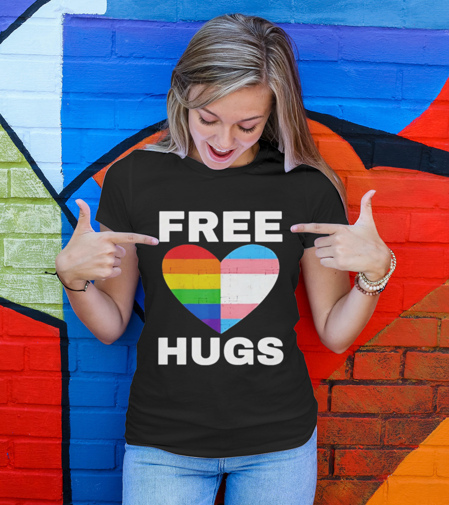 Free Hugs LGBTQ Rainbow Heart Pride T-Shirt