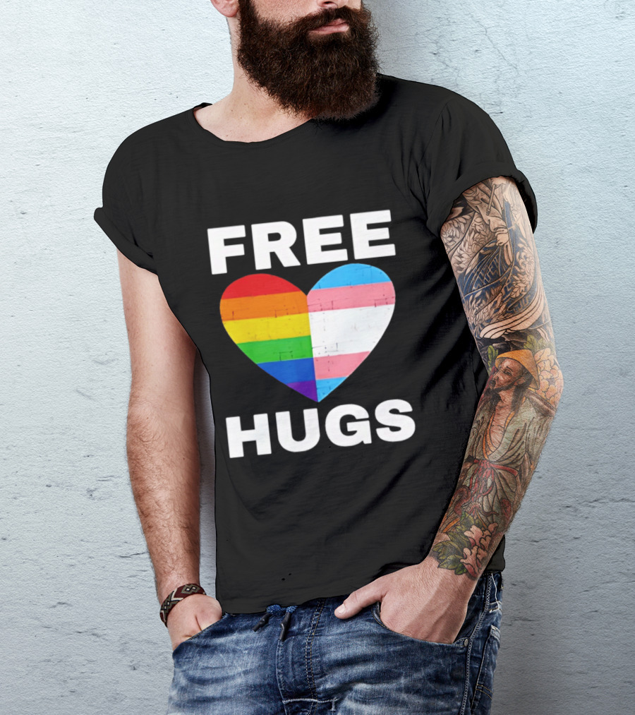 Free Hugs LGBTQ Rainbow Heart Pride T-Shirt