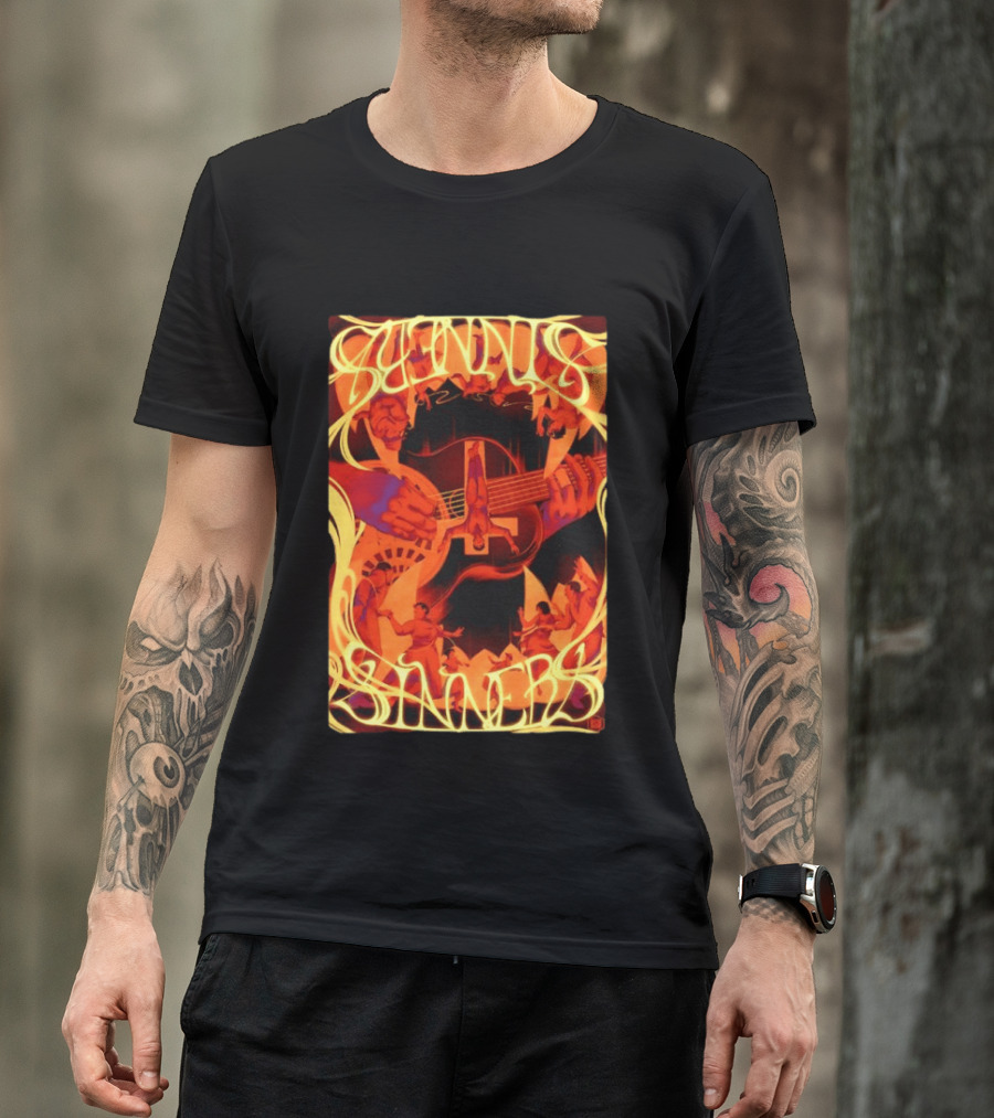 Sinners Pecadores Upside Down Guitar Person T-Shirt