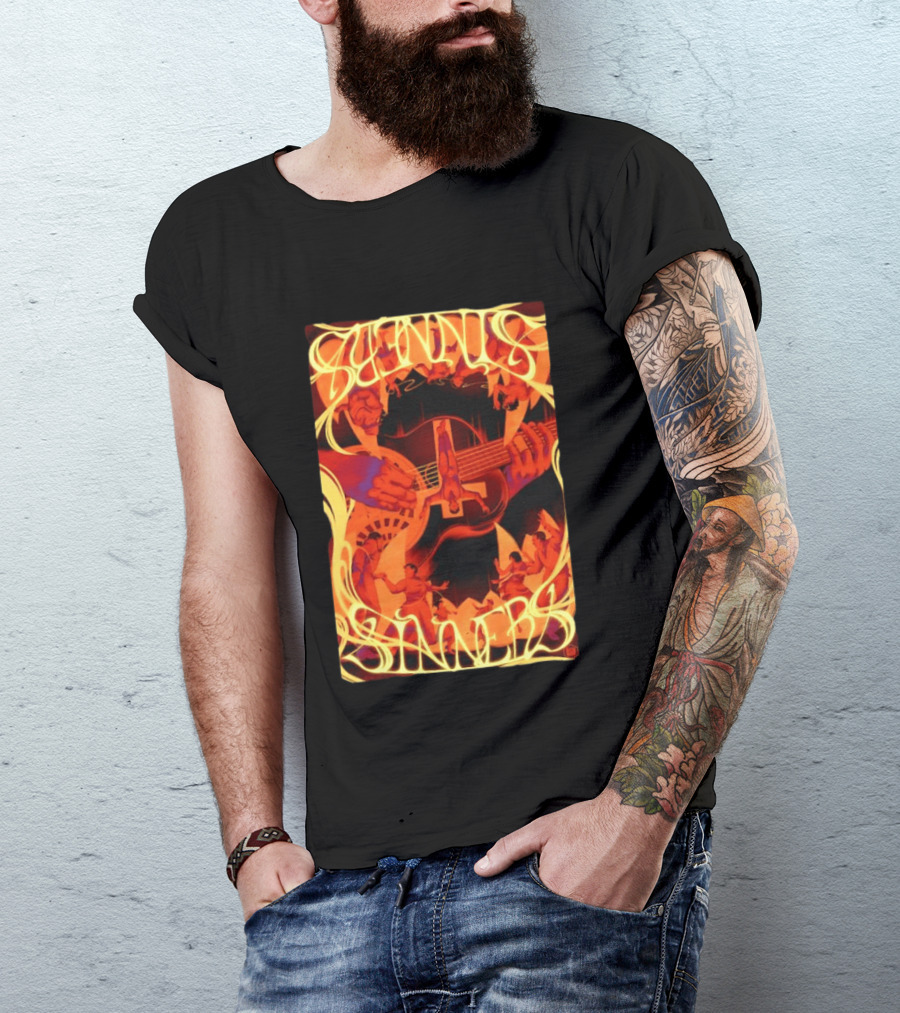 Sinners Pecadores Upside Down Guitar Person T-Shirt
