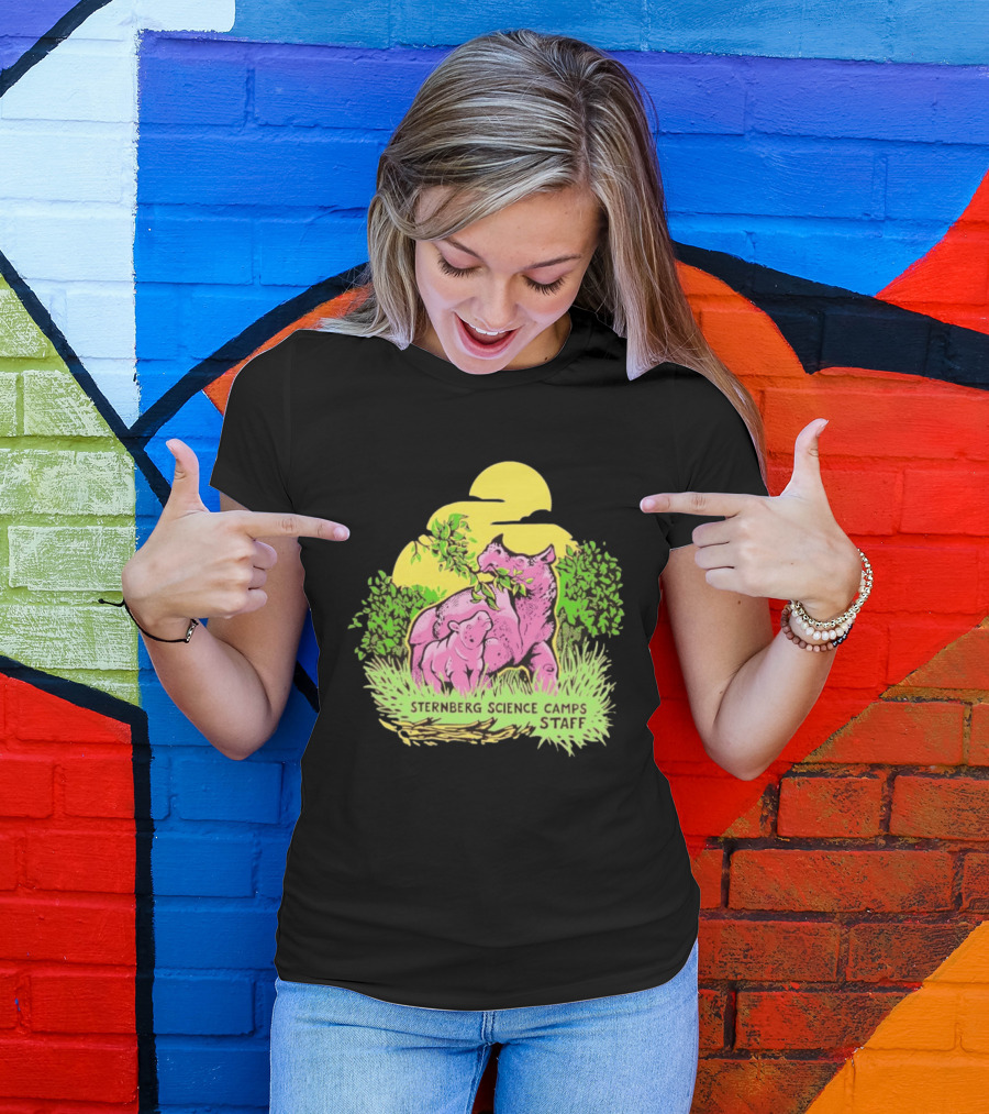 Sternberg Science Camps Staff Pink Dinosaurs Under Yellow Sun T-Shirt