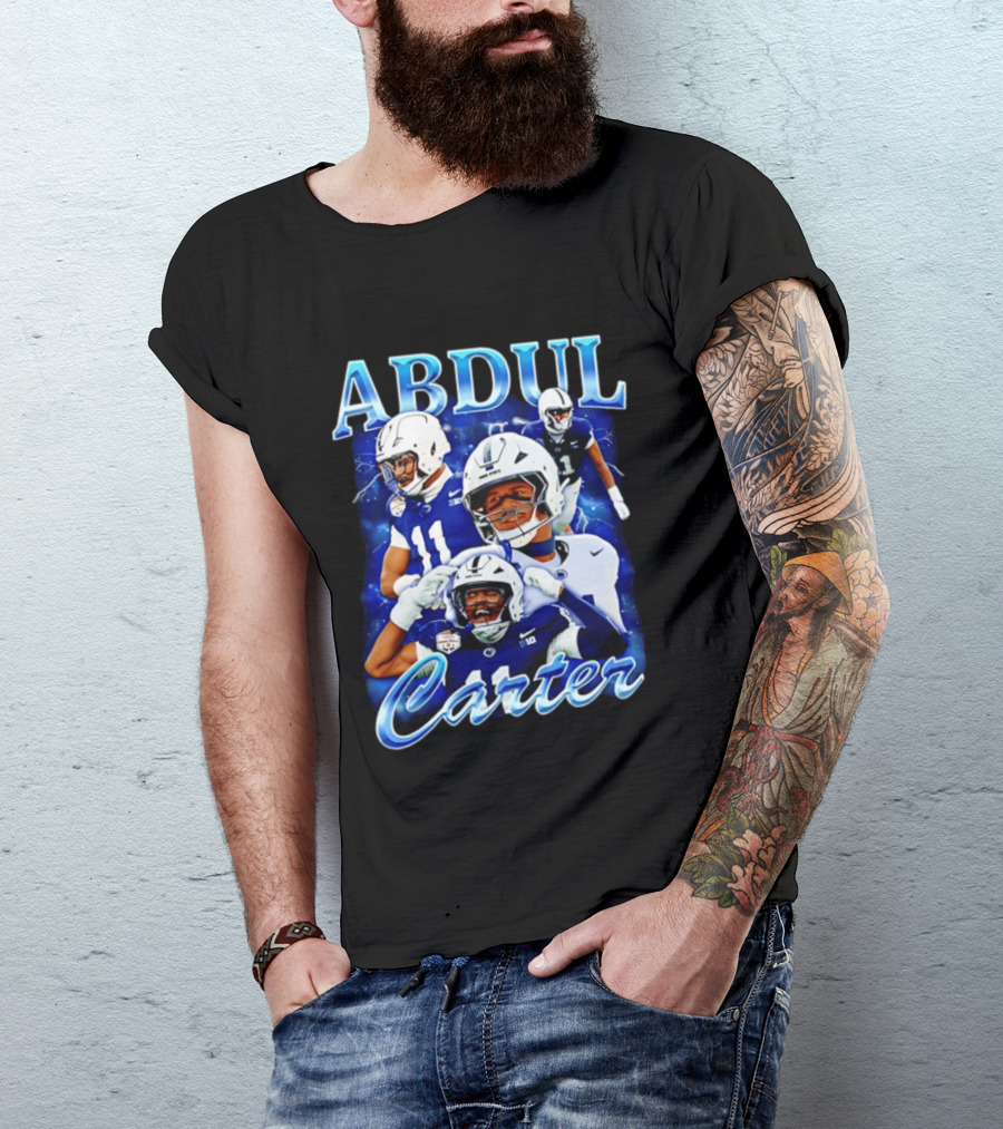 Abdul Carter Football Player Collage Blue And White Helmets T-Shirt