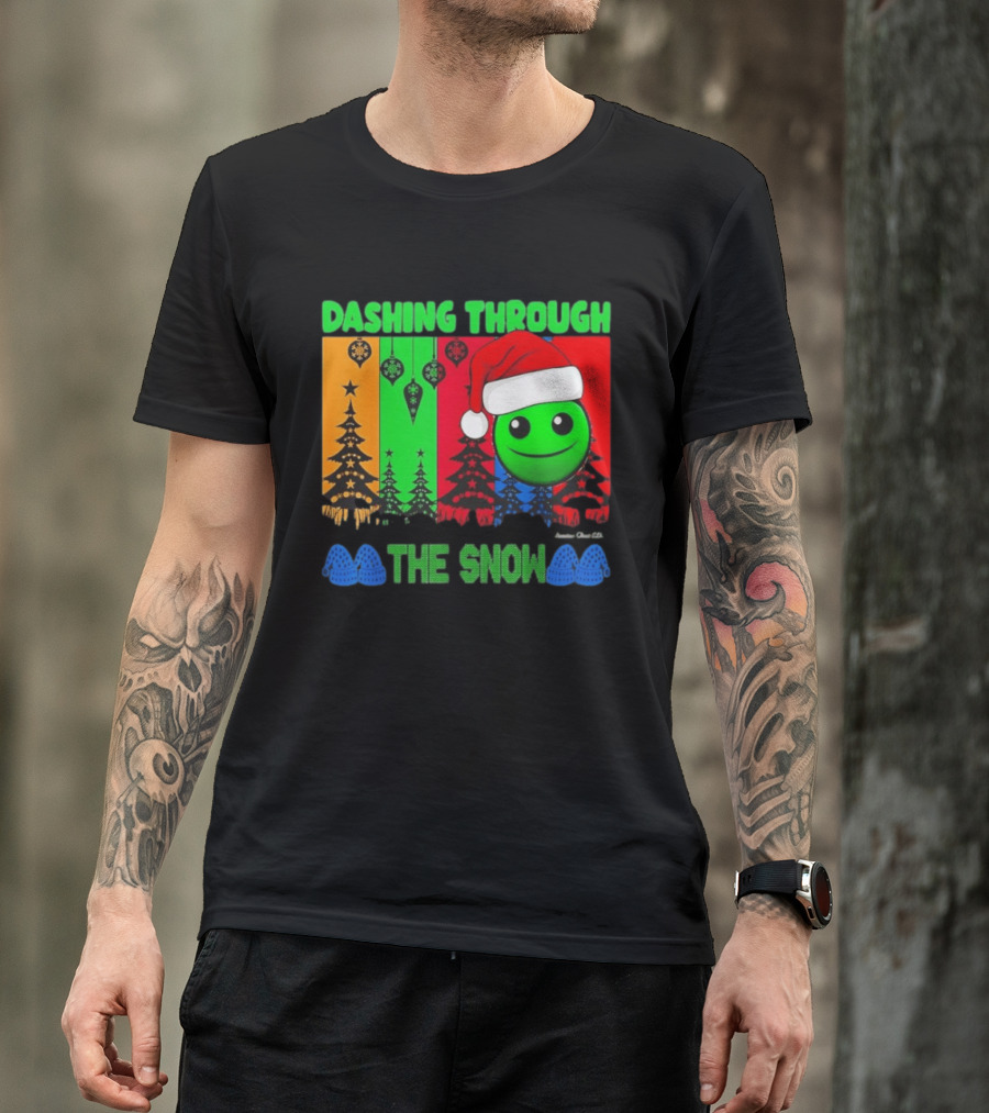 Dashing Through The Snow Emoji Santa Hat Christmas Trees Multicolor Snowflakes T-Shirt