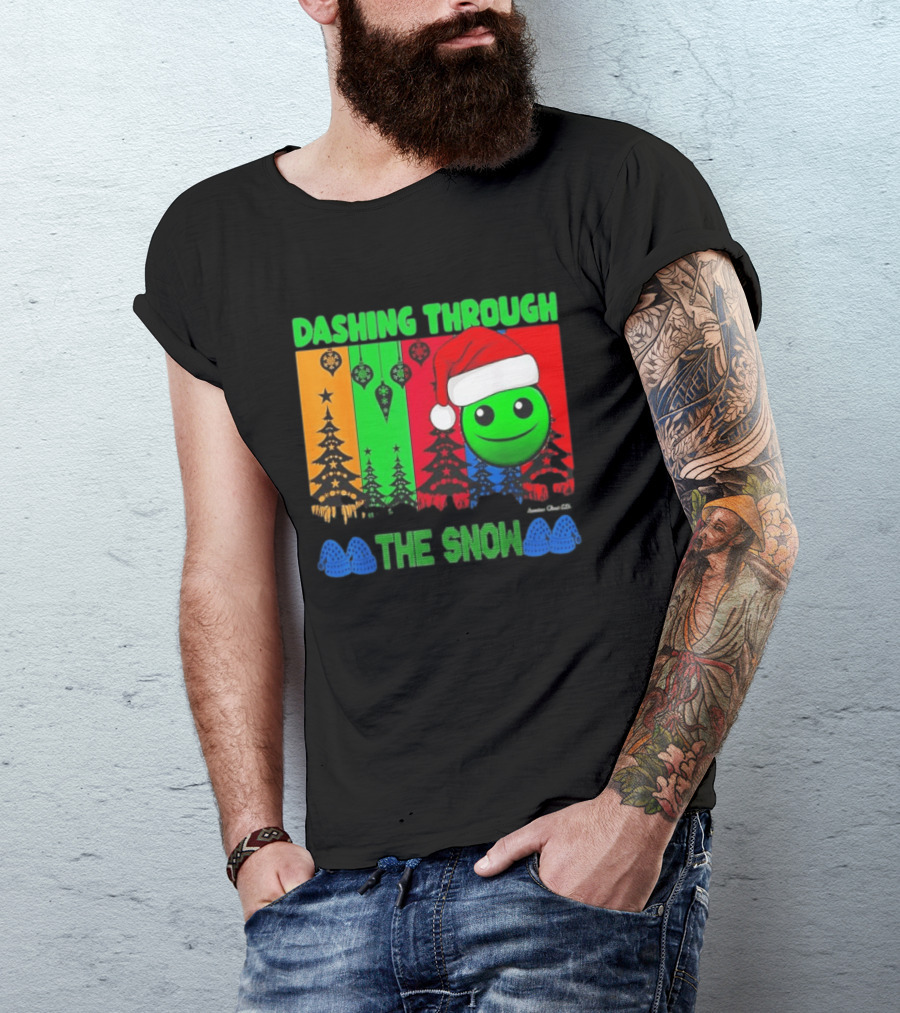 Dashing Through The Snow Emoji Santa Hat Christmas Trees Multicolor Snowflakes T-Shirt