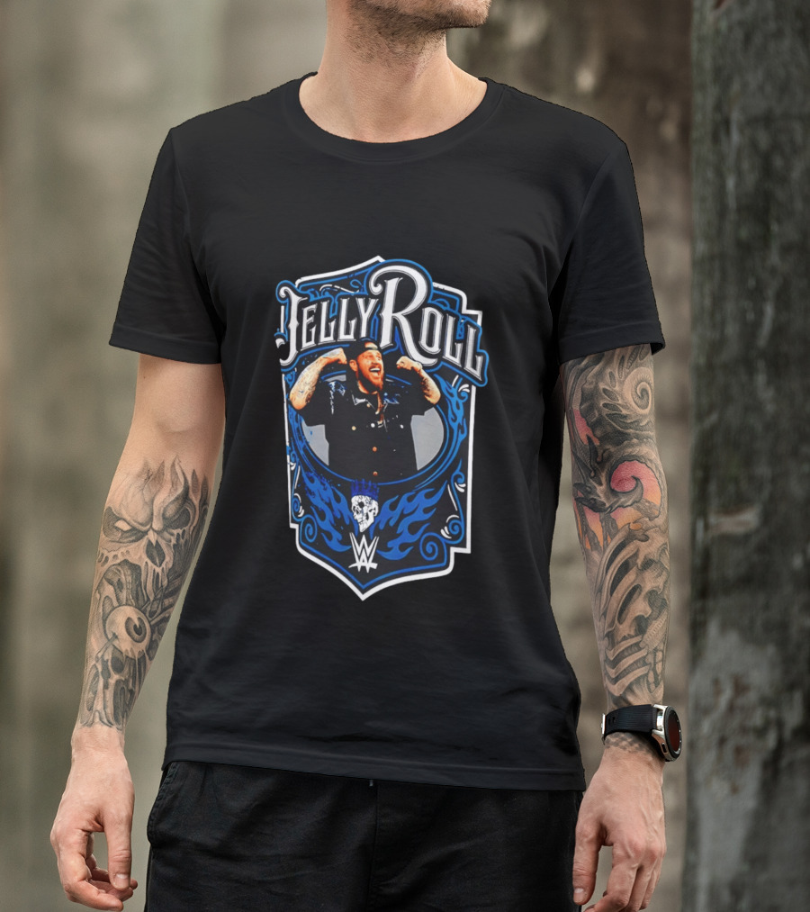 Jelly Roll WWE Superstar Illustration With Flaming Skull And Tattooed Arms T-Shirt