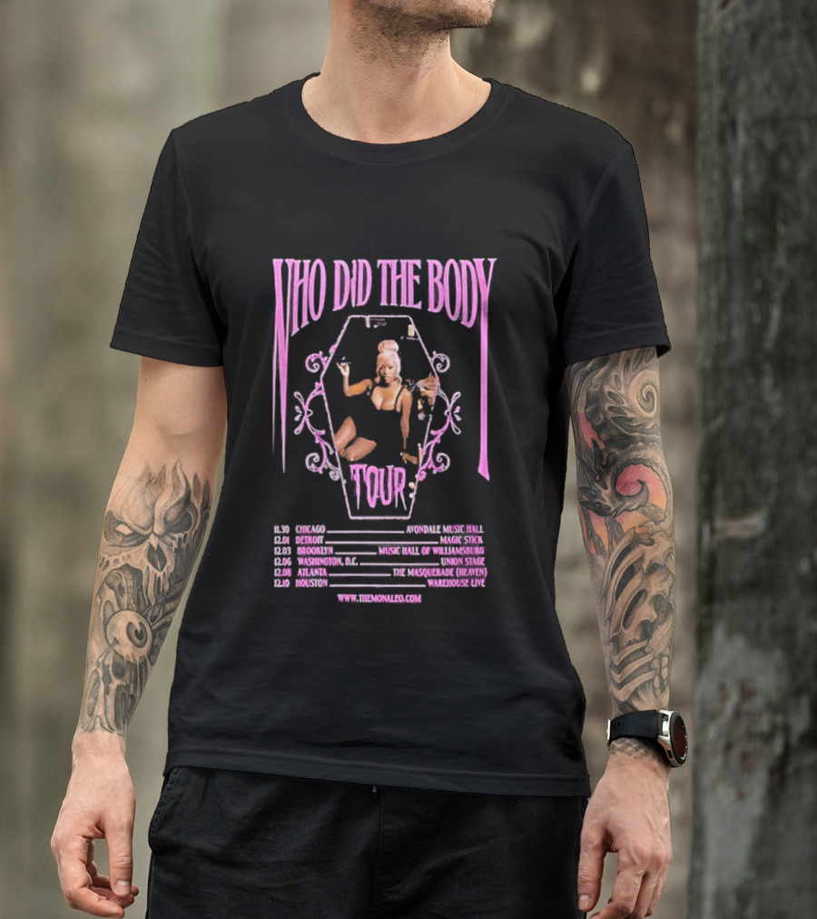 Monaleo Who Did The Body Tour December 2025 Dates Gothic Coffin Pink Black Six Cities Concert T-Shirt