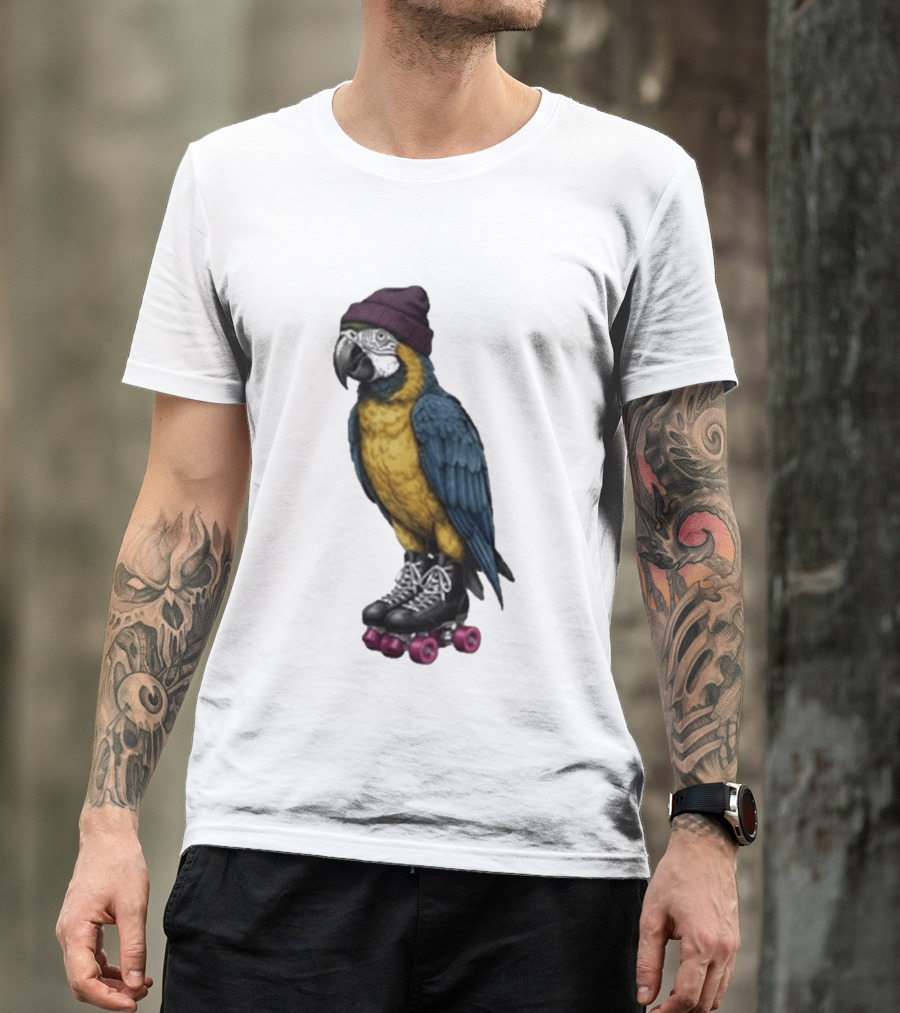 Nice Roller Skating Parrot With Hat And Colorful Feathers T-Shirt