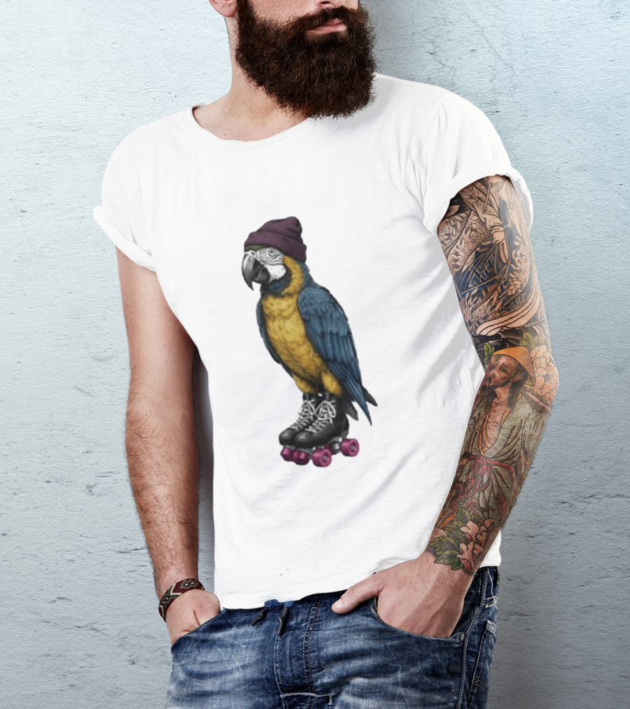 Nice Roller Skating Parrot With Hat And Colorful Feathers T-Shirt