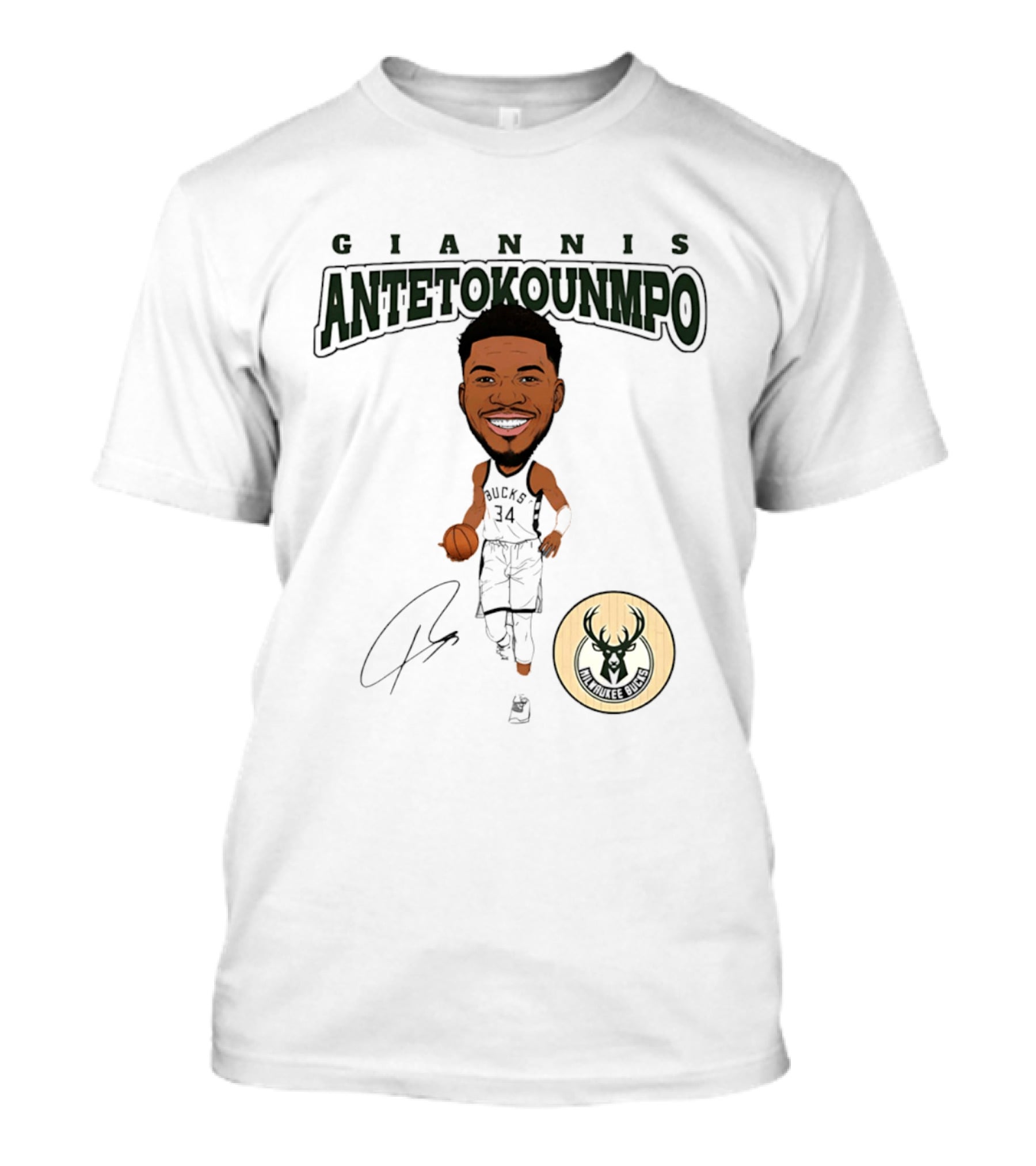 Giannis Antetokounmpo Milwaukee Bucks Hardwood Comic Caricature Basketball Signature 34 T-Shirt
